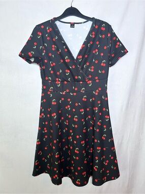 Cherry Print Fit & Flare Mini Dress, Black & Red. Size S